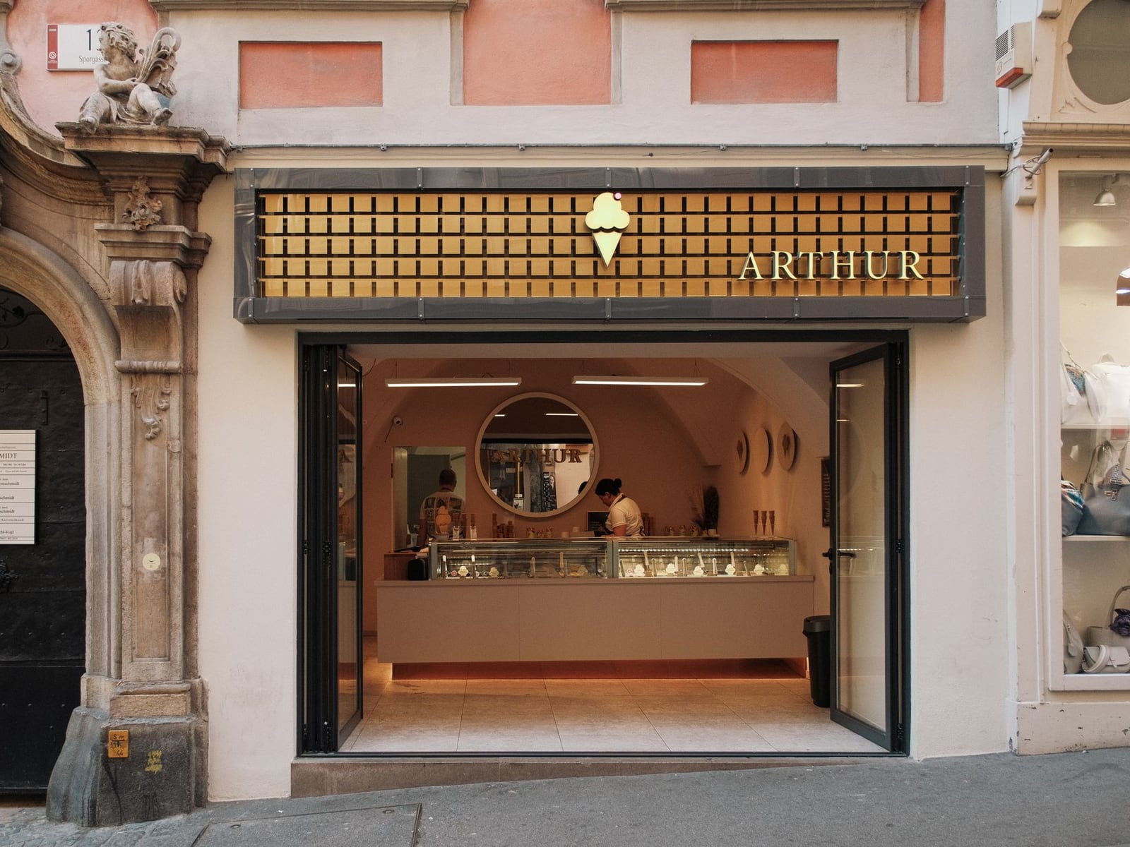 The entrance of the Bactericayana studio at Jakominiplatz in Graz